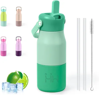 Botella de agua de acero inoxidable, botella térmica de 400 ml con pajita, libre de BPA