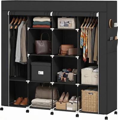 Armario de tela HOMCOM con ruedas portátil 166x42.5x169.5cm Negro | Armario para colgar con 10 compartimentos Cierre con cremallera