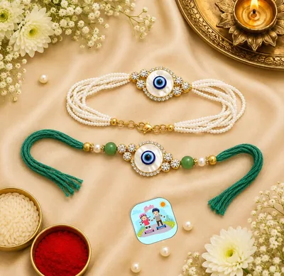 क्राफ्टवतिका ईविल आई रक्ता सेट भाई और भाभी के लिए, प्रीमियम भाइया-भाभी रक्षा उपहार कॉम्बो, डिज़ाइनर ब्रेसलेट रक्ता