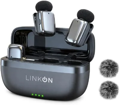 LINKON Micrófono Inalámbrico de Solapa Clip On - Set de 2 con Cortaviento | Micrófono de solapa con cancelación de ruido