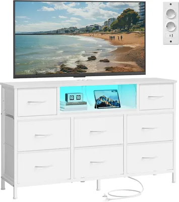 SONGMICS Bellah LGS433WH02 - Étagère de rangement avec LED et prises, 8 tiroirs en tissu, étagère ouverte, 114 x 30 x 68 cm, pour chambre à coucher