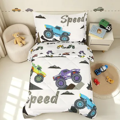4 Piece Toddler Bedding Set - Ultra Soft Cartoon Car Comforter Best Deal