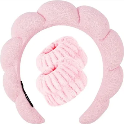 Cloud Pink Headband & Anti-Drip Wristband Set for Face Washing - Best Deal