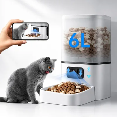 6L Dispensador de Comida para Gato con Wi-Fi/Bluetooth, Alimentador Inteligente con Cámara y App, Comedero Automático para Gato