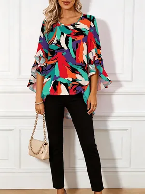 Women Abstract Brushstroke Blouse - Loose Fit, Bell Sleeve, Irregular Hem - Best Deal