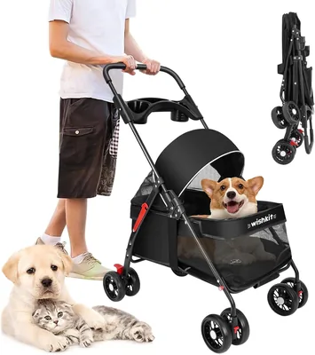 WISHKIT Cariola para Perro 12 kg, Plegable, para Mascotas Pequeñas | Carro para Mascotas, Tela Oxford Negra, Malla Transparente