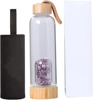 Uanqfegy Kryddig Vattenfles - Klar Glas Vattenfles med Bambus Lid, Ametyst Infuser Kompartiment med Skuffa