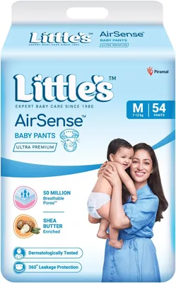 Little's AirSense Ultra प्रीमियम स्टाइल बेबी डायपर M आकार 54 काउंट | 50 मिलियन ब्रेथेबल पोर्स | शीa बटर से समृद्ध