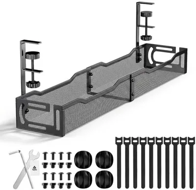 Topika Extra Long Under Desk Cable Management Tray & Adjustable Clamp | 64.4CM Carbon Steel Cable Organiser, No-Drill Installation