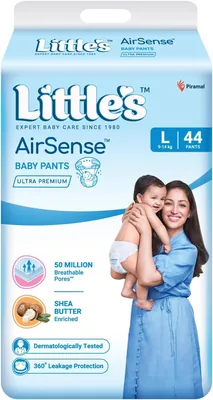 Little's AirSense Ultra प्रीमियम स्टाइल बच्चे के डायपर L आकार 44 काउंट | 50 मिलियन सांस लेने योग्य छिद्र | शीया बटर से समृद्ध