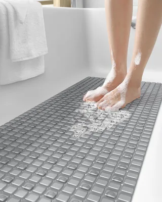 سجادة استحمام غير لزجة بحجم 65x35 سم، مات حمام طويل مع أقراص شفط قوية، ثقوب تصريف سريعة، قابلة للغسيل في الغسالة