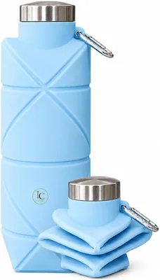 Garrafa Dobrável Silicone 600ml com Mosquetão Retrátil para Academia e Viagem (AZUL)