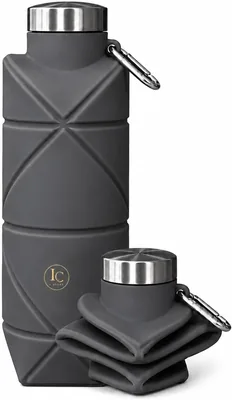 Garrafa Dobrável Silicone 600ml com Mosquetão para Academia e Viagem (PRETO)