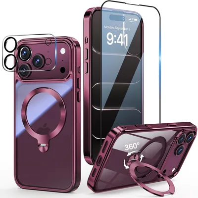 iPhone 12 Pro用トリプル保護セット [エレガント メタリック スパークル] OYR マグネティック充電ケース + 360°回転CDスタンド + カメラ保護