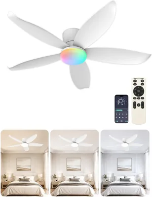 Ventilateur de plafond 107 cm avec lumière RGB, profil bas encastré | Télécommande et application, 5 pales réversibles, RGB+3 températures de couleur