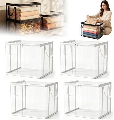 4Pcs Large Clear Plastic Storage Box with Hinged Lids