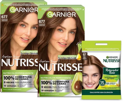 Kit Garnier Nutrisse Coloración Tono 677 Chocolate Angelique + Retocador de Raíz 6.7, Tinte Permanente con 5 Aceites Nutritivos