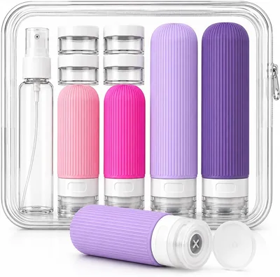 Kit Frascos de Viagem 17 Itens com Necessaire Transparente (Rosa) | Frascos para Cosméticos, Spray, Estojo, Vedação Segura