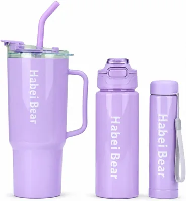 Insulated 3 Piece Bottle Set - Purple with Straw