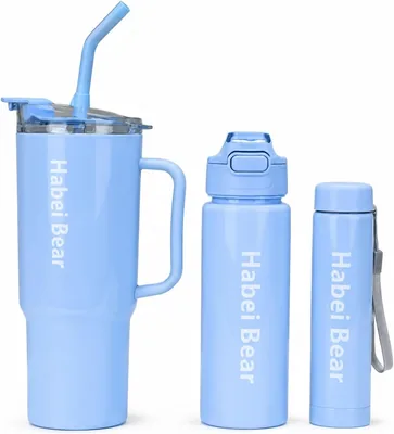 3 Piece Bottle Set (Light Blue) - Insulated with Straw