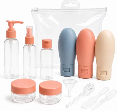 Kit Viagem 11 Peças com Frascos Reutilizáveis para Shampoo, Condicionador e Cosméticos, Necessaire Transparente