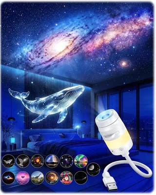 Tyreses Sternenhimmel-Projektor mit USB, LED Galaxienprojektor Nachtlicht 2-in-1 | Mit 4 HD Glasfilmen + 9 Farbfilmen, RGB, 360°