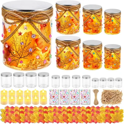Herbst Bastelset für Kinder mit LED, 12 Flaschen und 50 Ahornblätter Tisch | 12 PET-Flaschen mit warmem LED-Licht, 50 Ahornblätter