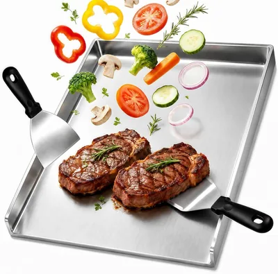 Nifogo Plancha bakplad 40 x 30 cm med 2 spatuler | Grillplate, 2 mm inoxstål, passat för gasgrill och charco