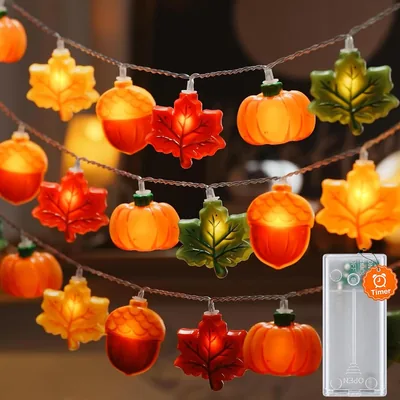 Herbstfairylicht mit Timer, 1,5 m 10 LED Herbstdekorationslichter | Kürbis-Eichen-Blatt-Fairy Lichter Batterie