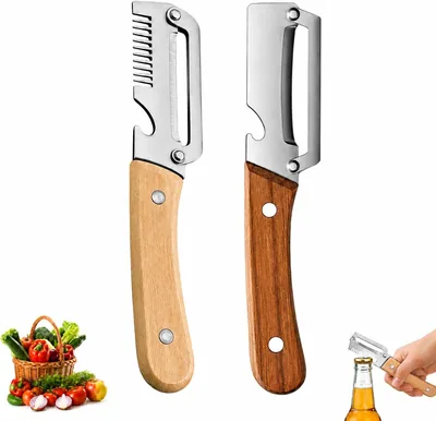 Gemüseschäler aus Edelstahl mit Holzgriff 3-in-1 Schälset mit 2 Schalen | Schaler mit Edelstahlklinge, Julienne