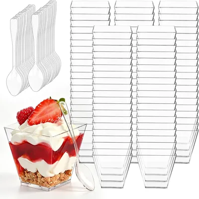 100 Contenitori per Cibo da Finger Riutilizzabili, 60 ml Porzione Singola per Dolci | Bicchieri per Dessert con Cucchiai, Quadrati Riutilizzabili