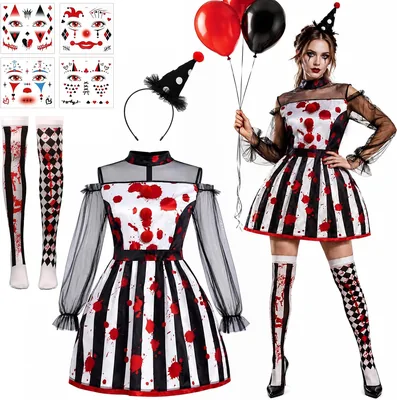 Womens Scary Clown Costume - Jester Halloween Dress & Hat