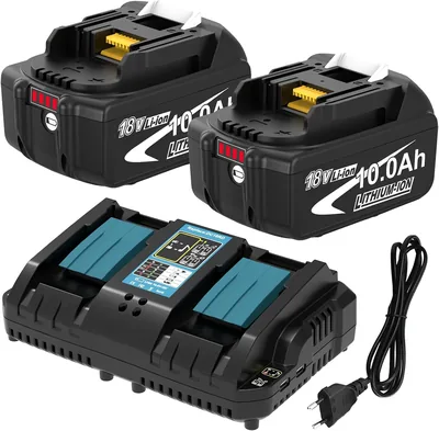 2 x 10.0 Ah/10000 mAh Makita Ersatzakku + Ladegerät DC18RD für BL1860B, BL1850B, BL1890, BL1840B, BL1830B