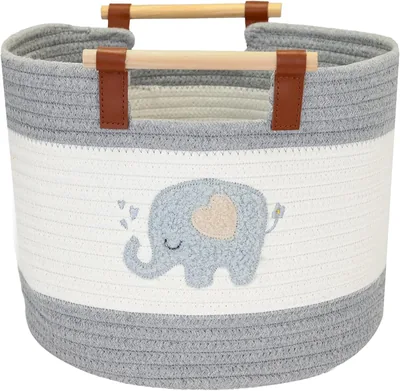 HMF Lagringskorb med Wooden Handle, Runder Cottonkorb för Barnrum eller Babyrum | Elefant | 30 x 30 x 24 cm Best Deal