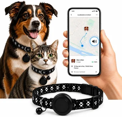 Coller GPS pour chien et chat sans abonnement | Suivi mondial de localisation | Batterie 12 mois | Sonnerie puissante | Historique de voyage | 1