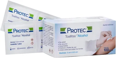 Toallitas desinfectantes Protec con alcohol, 3 paquetes de 6.5 cm, 100 sobres individuales