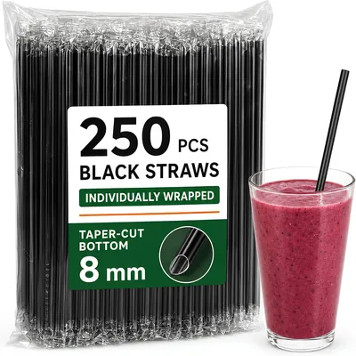 250 Pcs Black Reusable Plastic Straws - Hot & Cold Use