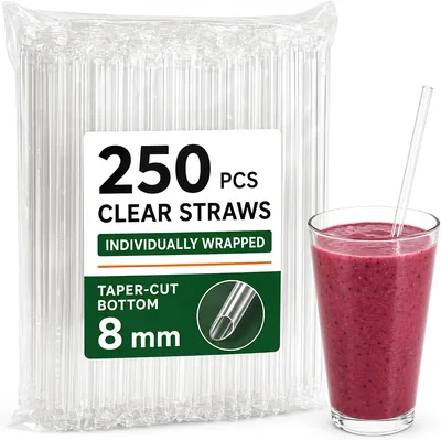 250 Pcs 8mm Clear Reusable Straws - Individually Wrapped, Taper-Cut Bottom - Hot & Cold