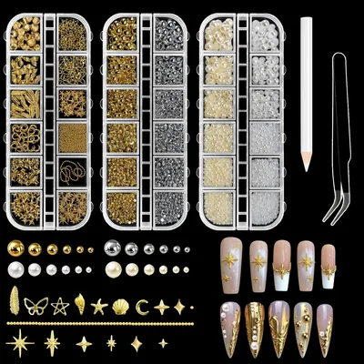 Ensemble Sularpek de 3 boîtes décorations nail art, charms étoiles dorées 3D, paillettes blanches et beige, strass argentés et dorés