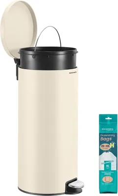 Contenedor de basura redondo SONGMICS, pedal metálico, acero inoxidable, 30 L | Con 15 bolsas, cubo interior plástico extraíble, mano
