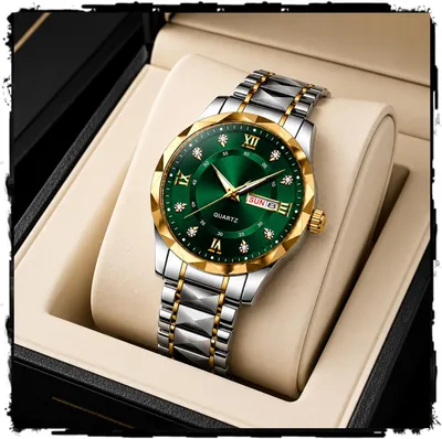 GOLDENIZE FASHION Luxury Analog Roman Numeral Date Display Diamond Pattern Classics Stainless Steel Wrist Watch for Men