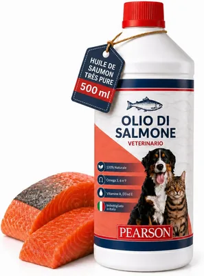 Huile de Saumon PEARSON pour Chiens et Chats 500ML, 100% Pure, Riche en Oméga 3 6 9 avec EPA et DHA, Vitamines pour Animaux Domestiques