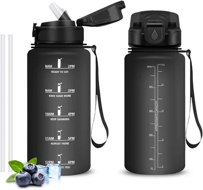 Bouteille d'eau sans BPA de 500 ml avec paille, verrou de sécurité imperméable et citations motivantes pour l'hydratation, noir