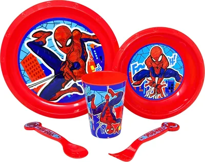 Set da pranzo per bambini Spiderman in plastica riutilizzabile: piatto, ciotola, tazza e posate