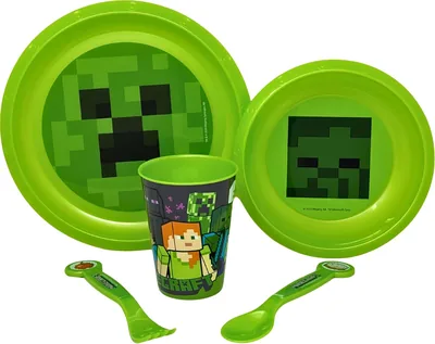 Set di pranzo da 5 pezzi per bambini fan di Minecraft in plastica riutilizzabile senza BPA: piatto, ciotola, tazza e posate, sicuro per il microonde