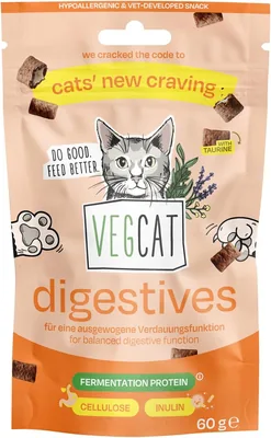 VEGCAT Digestives Katzensnack, fleischfrei, proteinreich, 1x60g | Knusperkissen mit 20% Fermentationsprotein & Taurin, vegan
