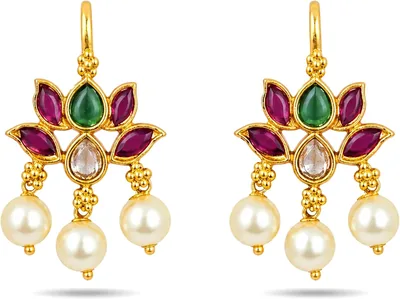 ZYRA JEWELS के लिए लोटस बगादी ईयररिंग्स, स्टाइलिश क्लिप-ऑन ईयर कफ़ विद कुंदन केम्प स्टोन और पेअर्ल, एथनिक ज्वेलरी, महिलाओं और लड़कियों के लिए