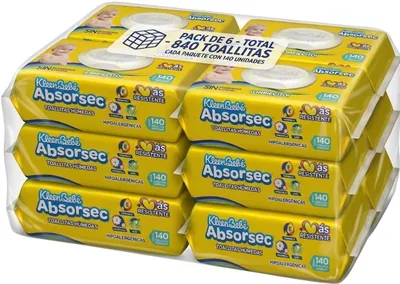 Toallitas húmedas KleenBebe Absorsec | PAQ DE 6 | 840 pzas en total | Suministro de larga duración. Fórmula suave y gentil.