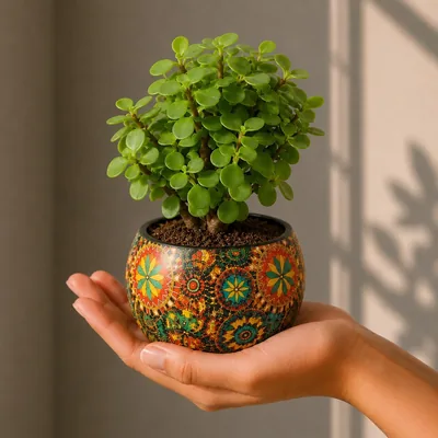 FNP Jade Plant लाइव इनडोर एयर प्यूरिफाइंग प्लांट राजवादा डिज़ाइनर मेटल पॉट मल्टीकलर फ्लोरल पेस्ल प्लांटर | सबसे अच्छी कीमत
