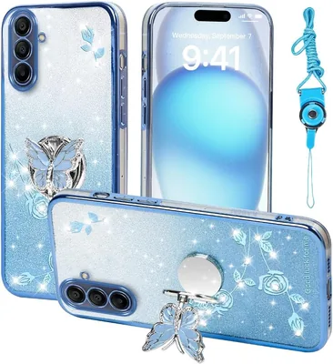 Quomentr Case for Samsung Galaxy A15 Blue Glitter Butterfly Phone Cover